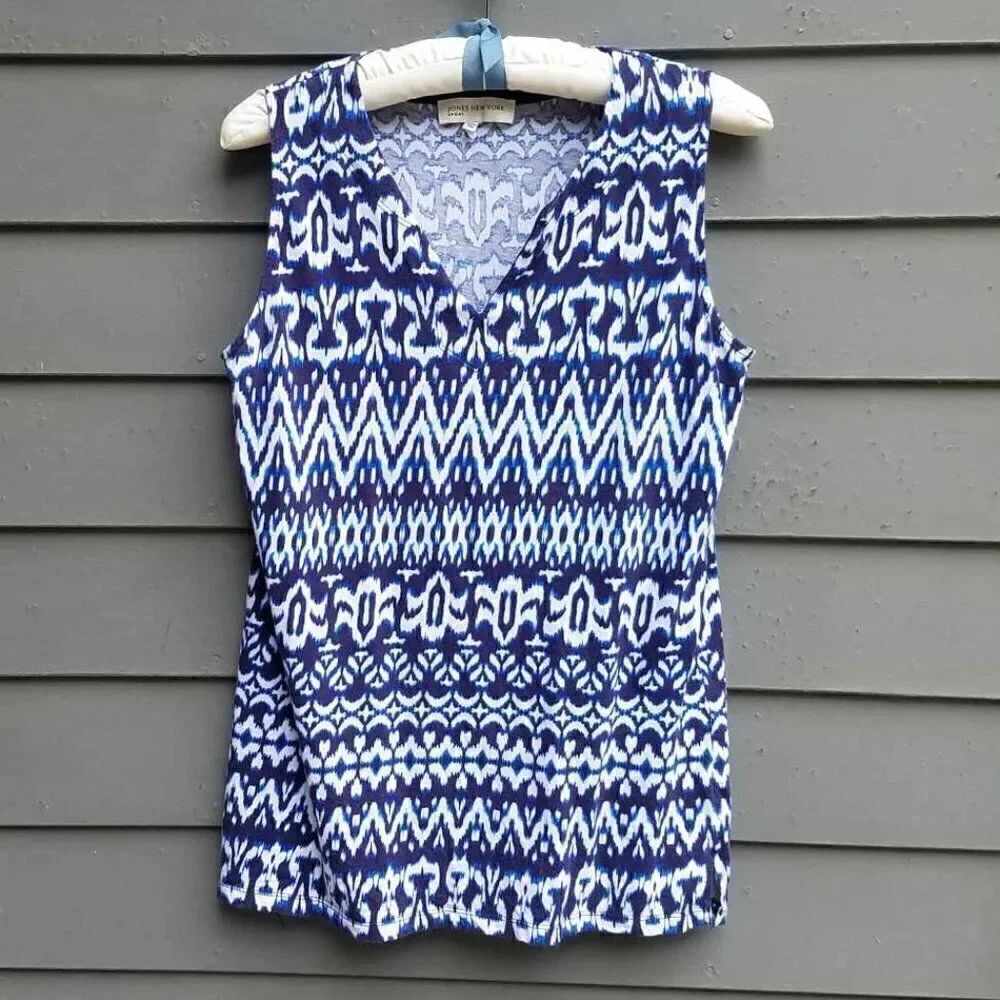 Jones NY Sport Navy White Ikat Sleeveless To size Large